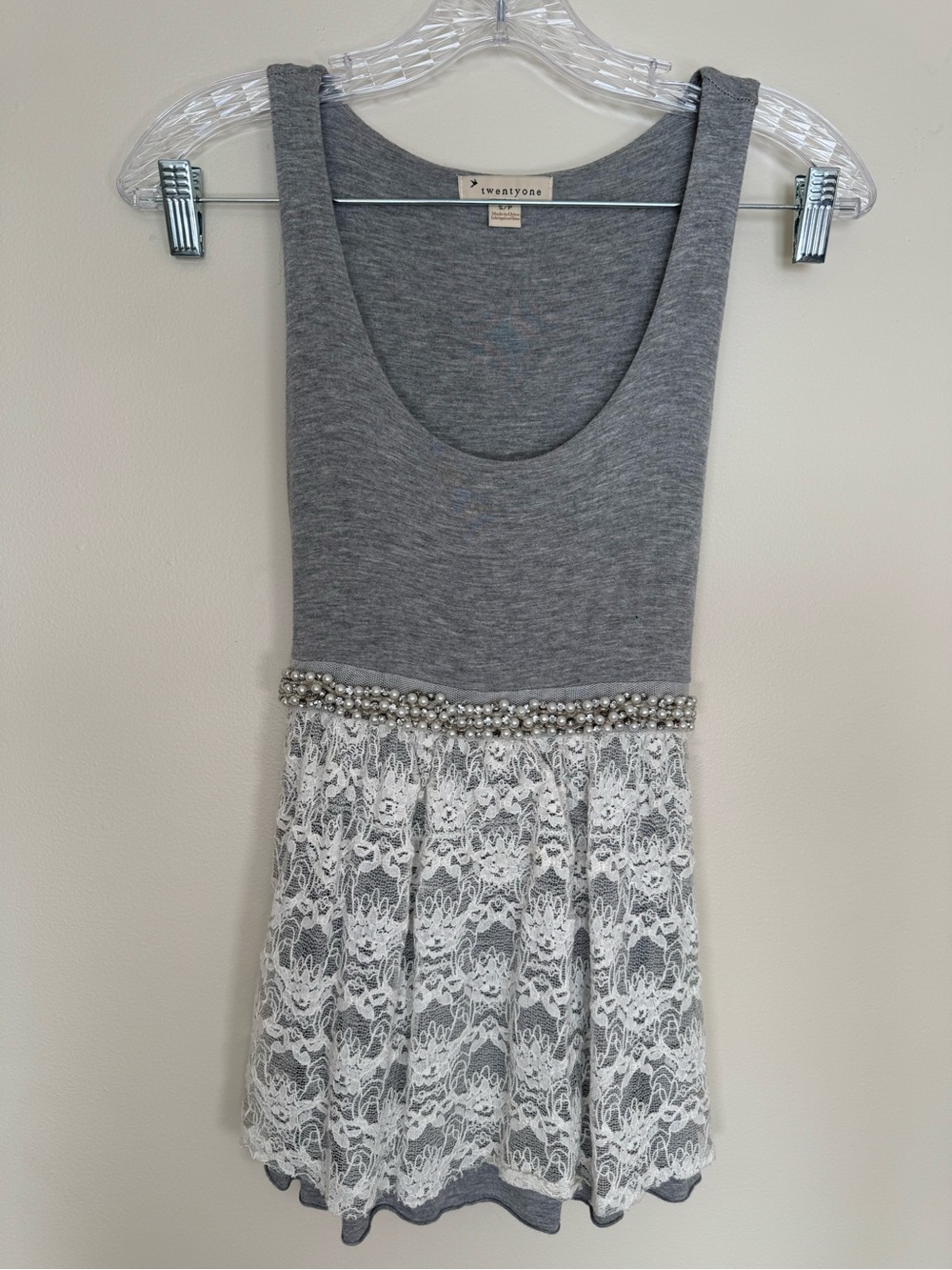 Grey Knit Top with Pearl Lace Detail